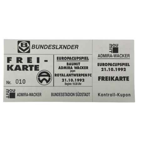 Ticket Admira Wacker - Royal Antwerpen, 1992