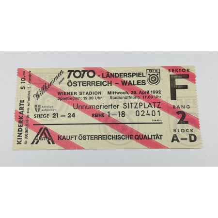 Ticket Österreich - Wales, 1992