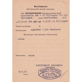 Berichtskarte SV Innsbruck (AUT) - SV Villingen 08 (GER), 1961