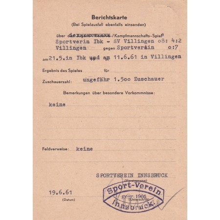 Berichtskarte SV Innsbruck (AUT) - SV Villingen 08 (GER), 1961