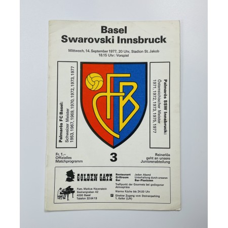 Programm FC Basel (SUI) - Swarovski Wacker Innsbruck (AUT), 1977